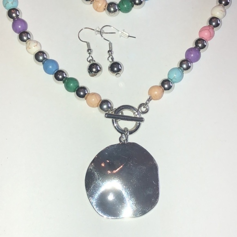 Colorful Beaded Silver Tone Necklace and Earring Set